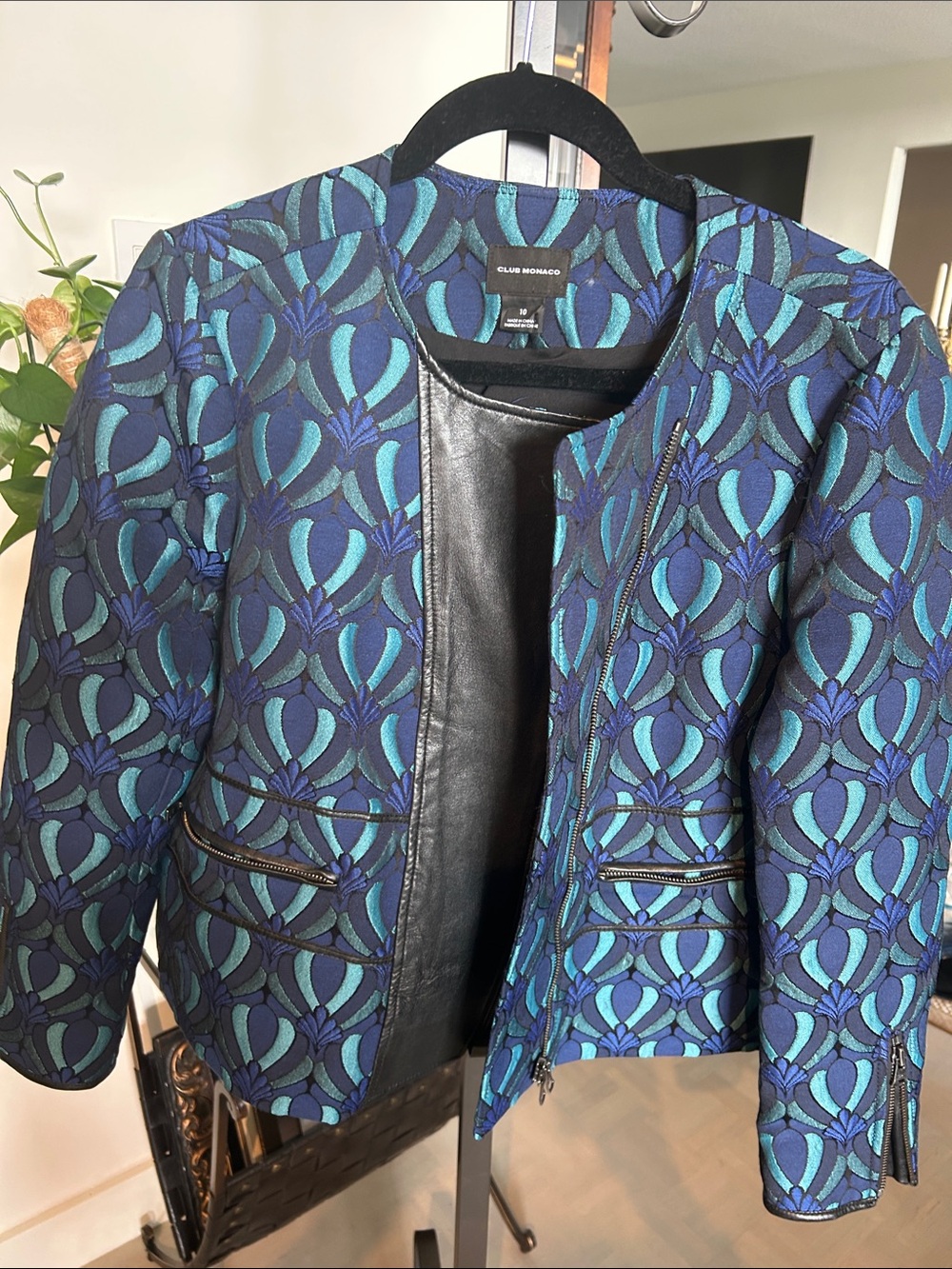 Club Monaco leather and Blue quilted embroidered Patterned Women’s Jacket.
